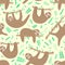 Seamless pattern of cute sloths and leaves. Hand-drawn illustration of sloth for children, tropical summer, textile, texture,