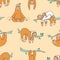 Seamless pattern with cute sloths sleeping, napping, dozing. Backdrop with adorable lazy wild exotic animal. Colored