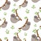 Seamless pattern with cute sloths on tropical lianas branches