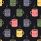 Seamless pattern with cute smiling sleeping cups. Cute baby shower vector mug background.