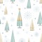 Seamless pattern with Cute snowflakes, star and golden conical Christmas tree on white background,Vector seamless for Christmas or