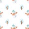 Seamless pattern with cute snowman in a hat and mittens and winter trees