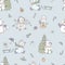 Seamless pattern with cute snowmen, spruces, gifts, sleds