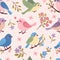 Seamless pattern of cute spring songbirds and flowers. Vector graphics