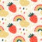 Seamless pattern with cute strawberries clouds and rainbows isolated on white - cartoon background for happy summer design