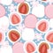 Seamless pattern of cute strawberry fruit inside moji with sakura flower on blue background.Japanese dessert hand drawn.