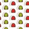 Seamless pattern of cute strawberry and kiwi fruit inside moji. Japanese dessert hand drawn.Food cartoon.