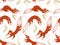 Seamless pattern with cute stylized jumping red foxes, gold birds and herbs isolated on white background. Artistic