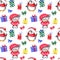 Seamless pattern with cute teddy bears, penguins and gift boxes.