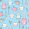 Seamless pattern with cute teeth and objects for dental care on blue background - funny toothpaste, brush, apple, irrigator,