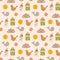 Seamless pattern of cute toys. Beige cartoon boho background. For textile, fabric, postcard, poster