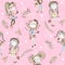 Seamless pattern with cute trendy teen girls on pink background . Vector