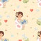 Seamless pattern with cute Ukrainian girl in traditional embroidered clothes with bouquet flowers on background with