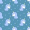 Seamless pattern with cute unicorn and stars. Beautiful unicorn head with blue mane and horn.