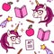 Seamless pattern with cute unicorns with eyeglasses, shooting stars, apples, textbooks, pencils, A-plus test results. Repeat