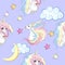 Seamless pattern with cute unicorns, stars, hearts, rainbow, moon, doodle abstractions. Magic endless background with little