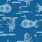 Seamless pattern with cute vintage submarines, jellyfishes and divers