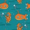 Seamless pattern with cute vintage submarines, jellyfishes and divers
