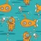 Seamless pattern with cute vintage submarines, jellyfishes and divers