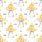 Seamless pattern with cute watercolor Christmas angels, stars, clouds
