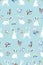 Seamless pattern with cute white bunnies in the forest on blue background. Cute hares. Seamless cute white bunny rabbit. Forest