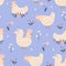 Seamless pattern with cute white chickens and flowers on a blue background. Vector graphics