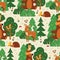 Seamless pattern with cute wild animals in green forest. Fox, squirrel, bear, hare, deer, hedgehog, butterfly