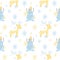 Seamless pattern with cute winter snowman, funny deer and snowflakes