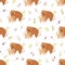 Seamless pattern with cute wombat families and field plants