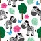 Seamless pattern cute zebra butterflies trees leaves and flowers vector illustration