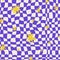 Seamless pattern with cyber distorted shape and stars, checkered pattern. Wave geometry shape in retro trippy style.