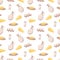 Seamless pattern with dairy products. Repeating icons of cheese, milk, eggs, butter. Print for textiles, paper, menus