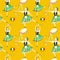 Seamless pattern Dancers in green national costume an Italian tarantella with a tambourine on yellow background. Woman