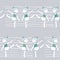 Seamless pattern with dancing young girls on grey stripe background, fun, kin. Kids in dynamic pose, with raised hands and legs.