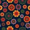 Seamless pattern on a dark background with bright multicolored flowers in Mexican style. Flat style.