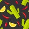 Seamless pattern on dark background with green cactus, hot red pepper and slice of lemon. Mexican food background