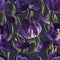 Seamless pattern in dark colors with realistic dark purple tulip flowers.