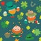 Seamless pattern on dark green background. Hand drawn illustration with Leprechauns and St. Patrick's Day symbols.