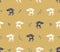Seamless pattern of dark horses and white unicorns and green twigs on a golden beige background.