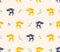 Seamless pattern of dark unicorns and yellow horses and green twigs on a golden beige background.