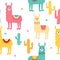 Seamless pattern with decorated lamas and cactus. Trendy cartoon print.Pink, yellow, blue  animal on white backdrop