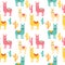 Seamless pattern with decorated lamas in poncho and cactus. Trendy cartoon print.