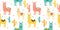 Seamless pattern with decorated lamas in poncho and cactus. Trendy cartoon print.