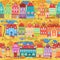 Seamless pattern with decorative colorful houses, fall or autumn