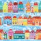 Seamless pattern with decorative colorful houses in winter time.
