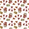 Seamless pattern with decorative garlands of orange-red Christmas trees and dessert for Christmas. New Years elements
