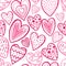 Seamless pattern of decorative hand-drawn pink hearts