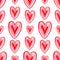 Seamless pattern of decorative hand-drawn red hearts