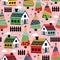 Seamless pattern with decorative house and christmas trees