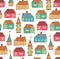 Seamless pattern with decorative houses. City background. Hand drawn town template